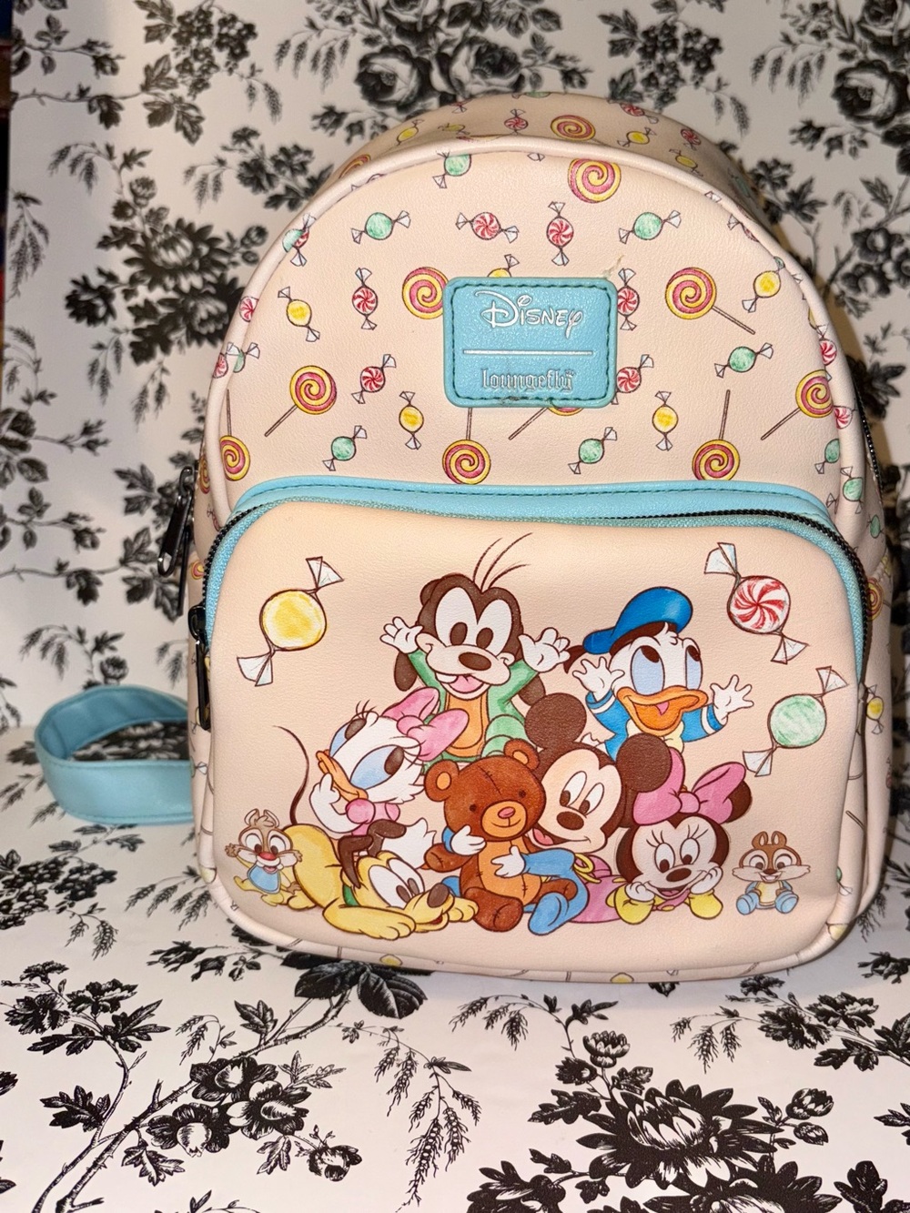 Loungefly Disney Pastel Pink Candy Print Blue Trim - Baby Mickey and Friends